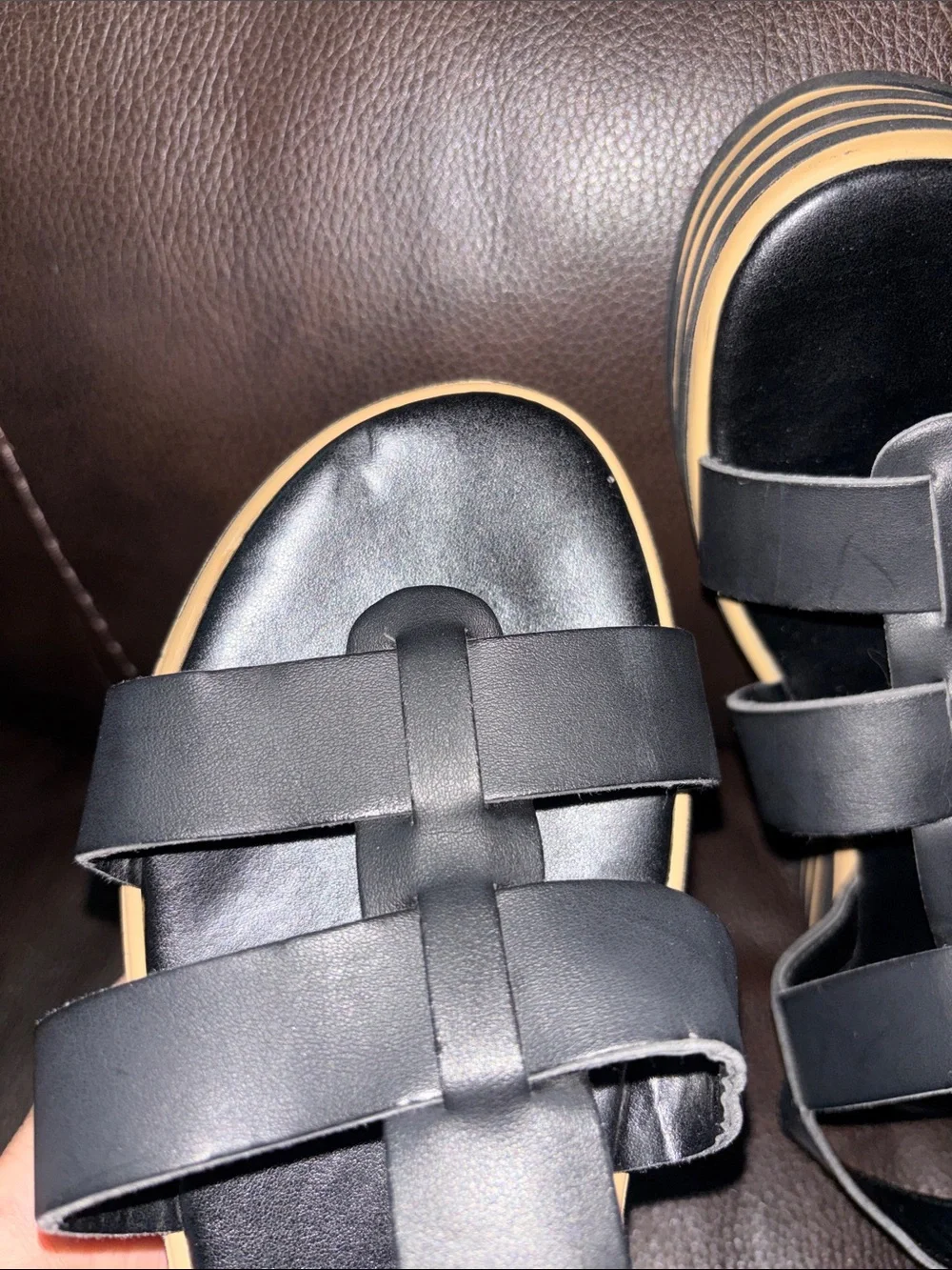 Rocket Dog Black Strappy Platform Sandals with Tan Striped Sole